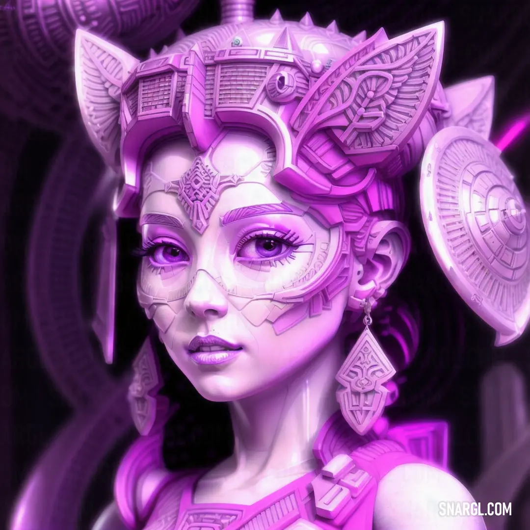 Digital painting of a woman with purple hair and a helmet on her head and a purple background with circles