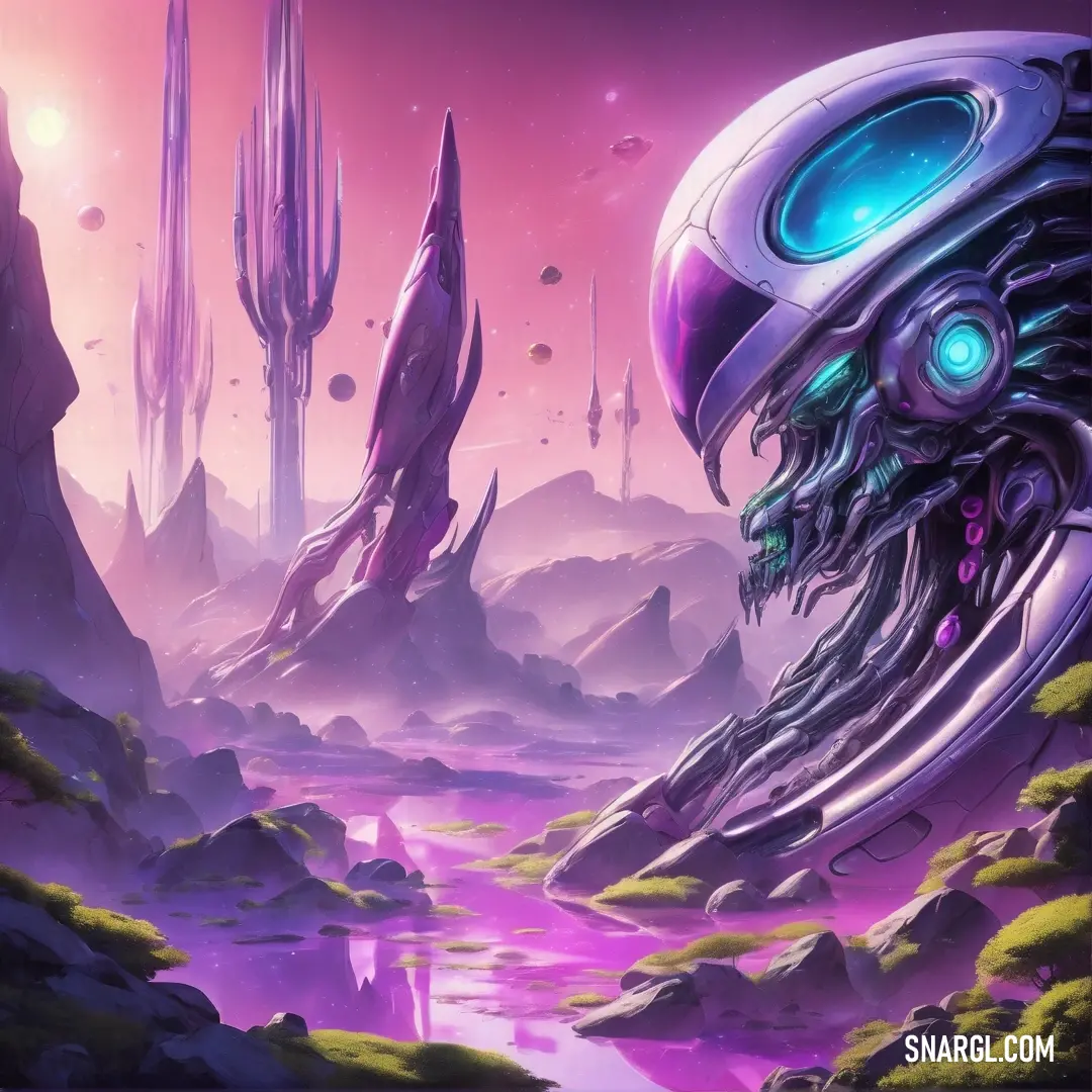 Futuristic alien landscape with a river and mountains in the background with a glowing alien head in the foreground
