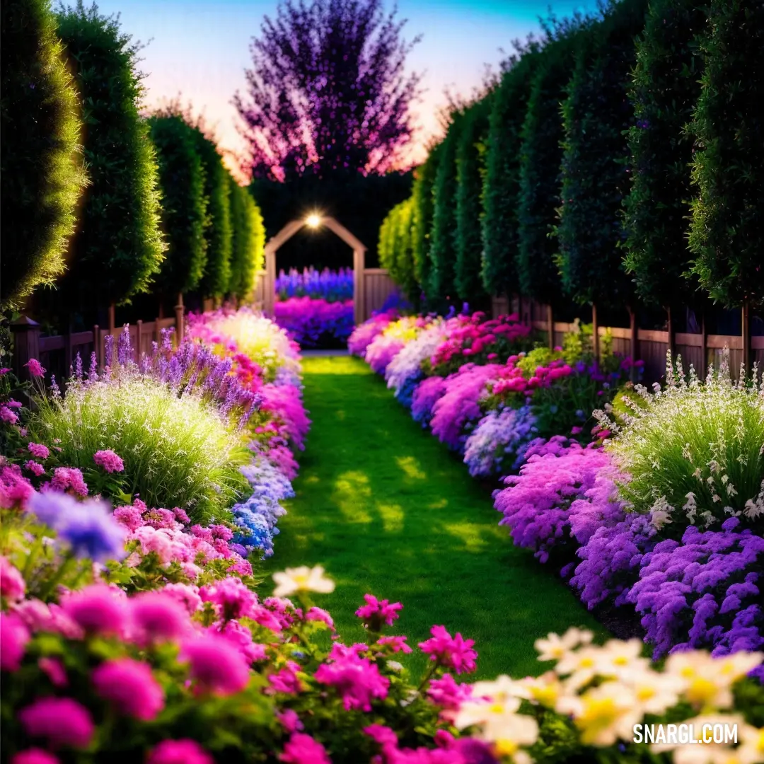 Garden with a pathway lined with flowers and trees in the background at sunset or dawn with a light at the end of the tunnel