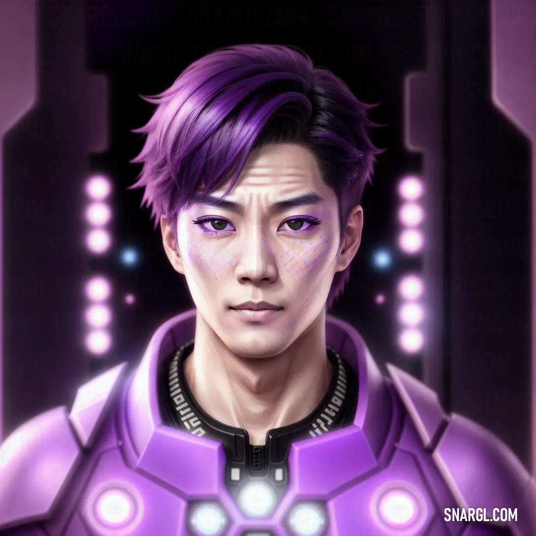 Man with purple hair and a purple suit on his chest and a purple light on his face