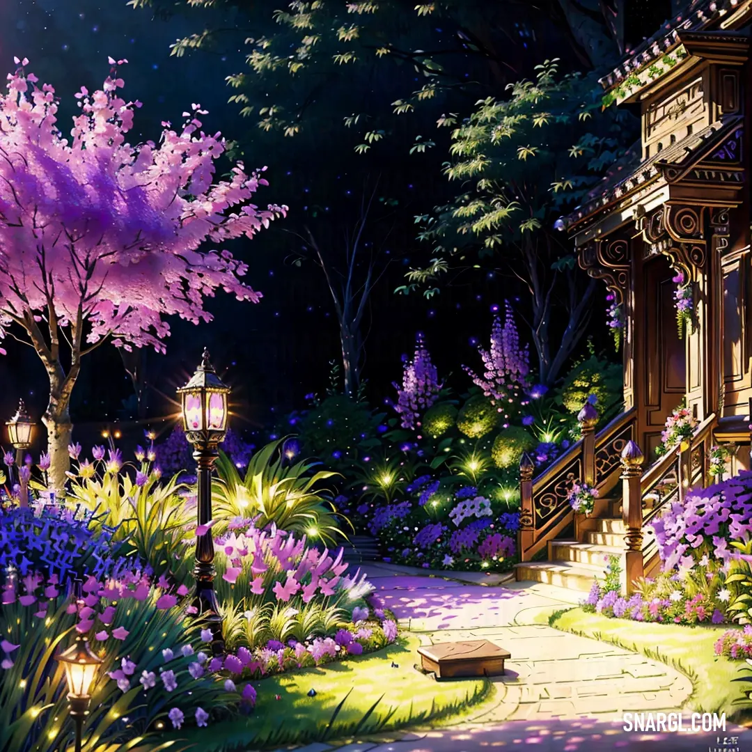 Painting of a garden with a bench and a tree with purple flowers and lights on it and a stairway leading to a building
