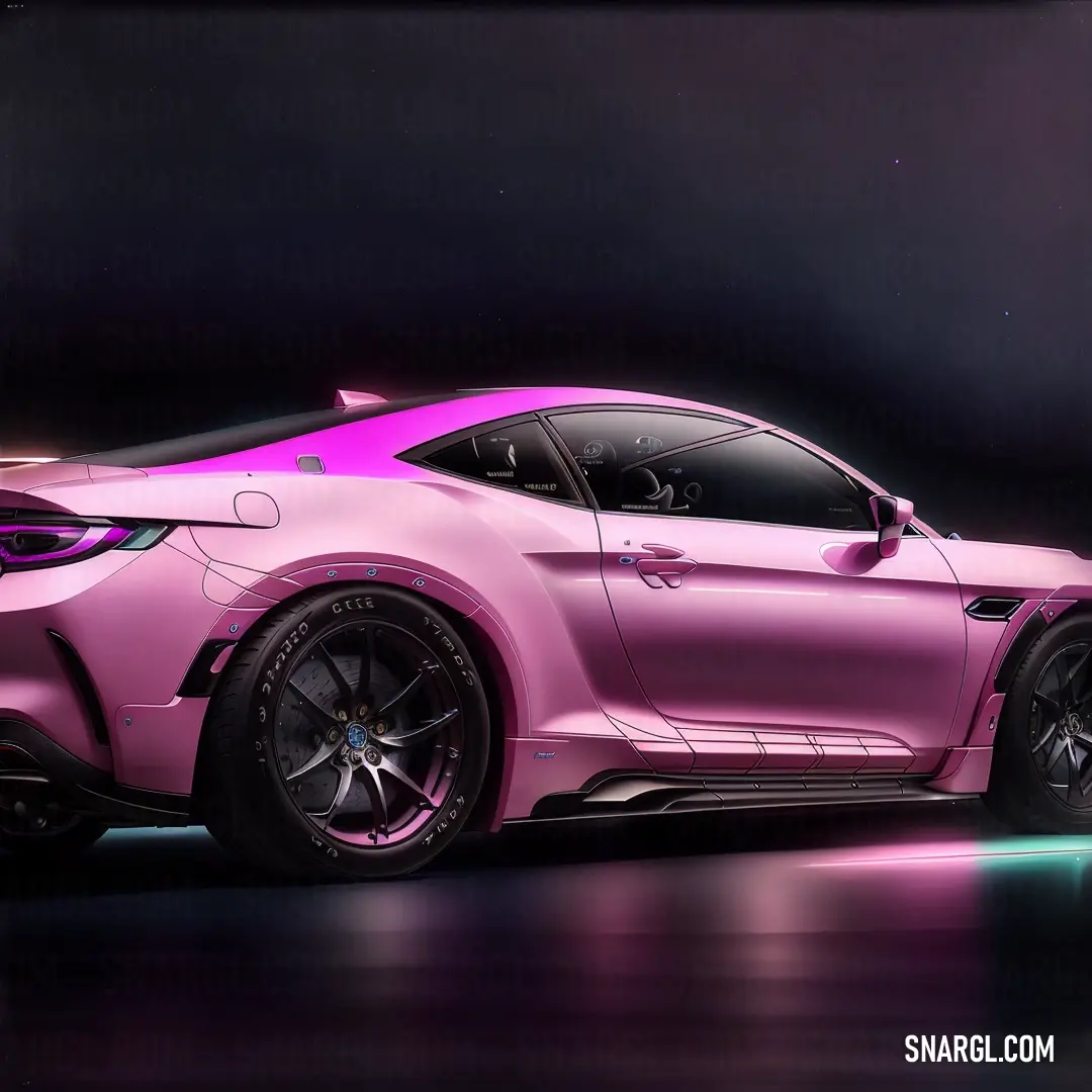 Lavender magenta color. Pink sports car is shown in a dark room with a neon light on it's side and a black background