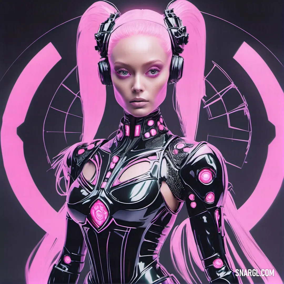 Woman in a futuristic suit with headphones on her head and a pink background