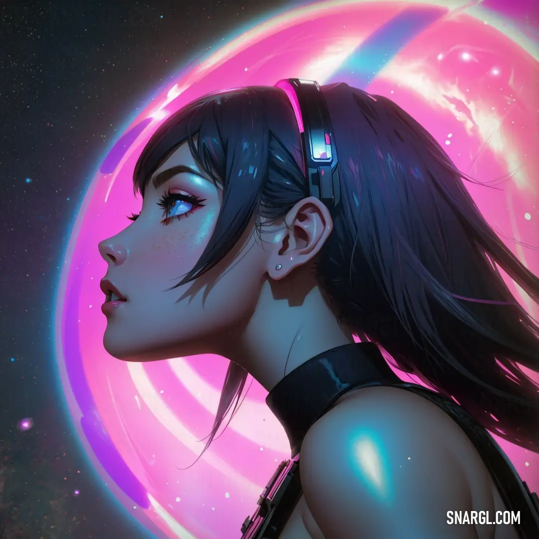 Woman with a futuristic look and a pink circle behind her is looking at something in the distance