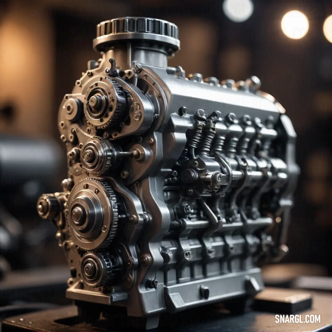 A close-up view of a polished metal engine rests upon a well-lit tabletop, highlighting the shine of its surfaces and the meticulous craftsmanship that brings this powerful machinery to life.