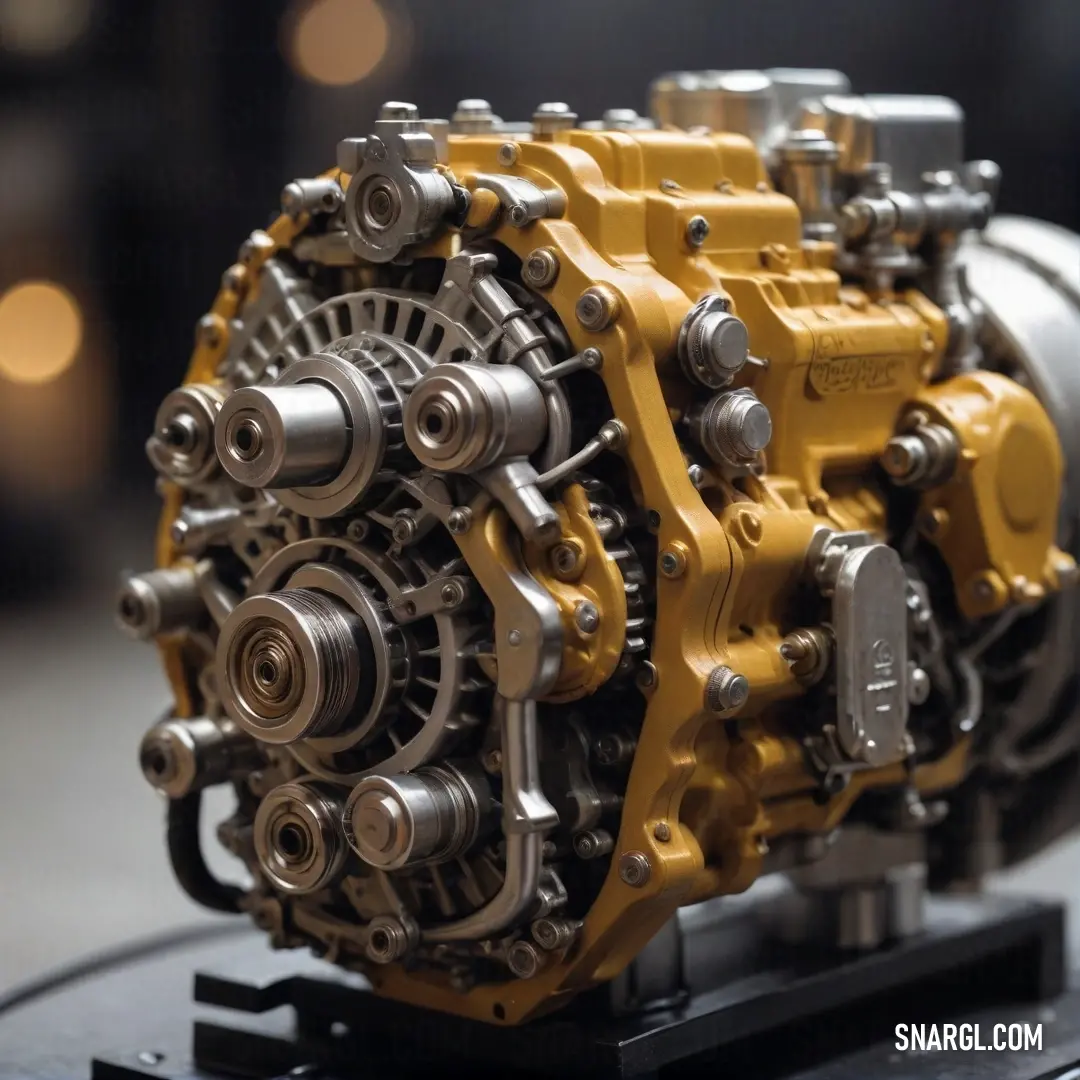 A close-up of a unique metal object with a striking yellow engine set on a black stand, surrounded by a dreamy blurred background, merging vibrant colors and robust design in a captivating display.