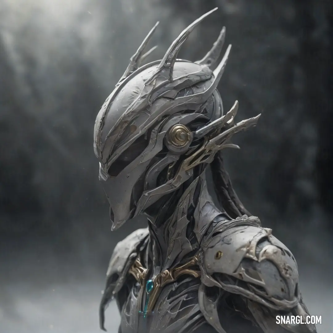 A close-up shot of a person in an intricate costume featuring horns and a helmet, with a soft lavender mist color highlighting the scene.