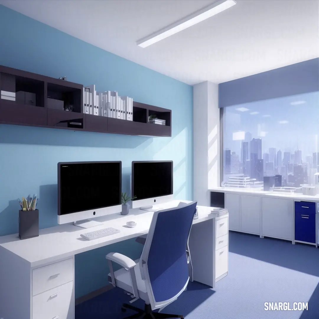 Desk with two monitors and a keyboard and mouse in a room with a city view in the background