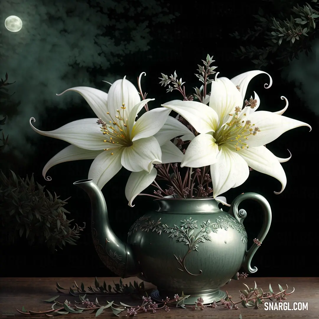 A green teapot adorned with white floral patterns sits on a table, bathed in the soft light of a full moon shining through a window in the background. The scene is wrapped in a calming lavender mist, creating a serene and peaceful moment.