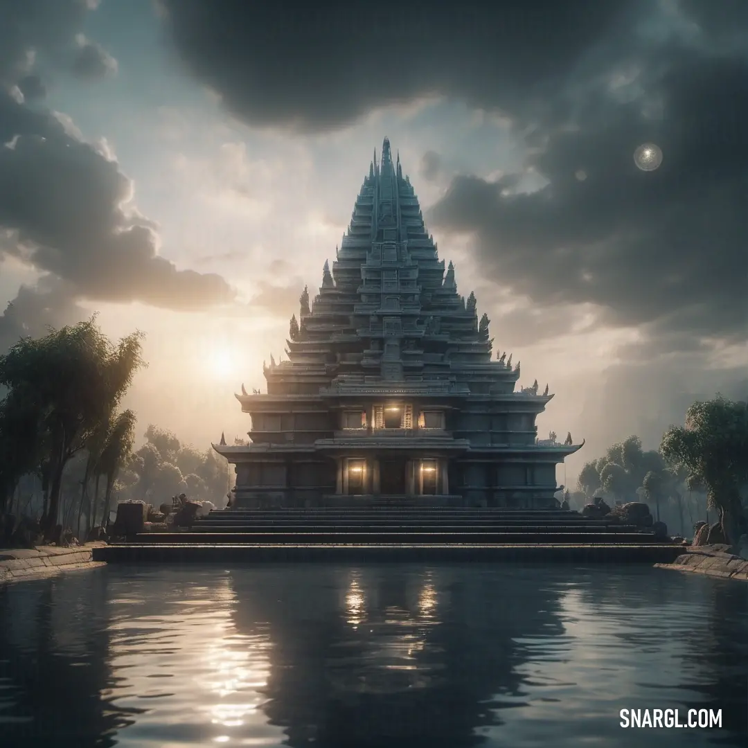 A grand building perched on a serene lake, the structure seeming to rise from the water. The sky above is dramatic, with clouds parting to reveal sunlight breaking through, creating a tranquil yet awe-inspiring atmosphere.