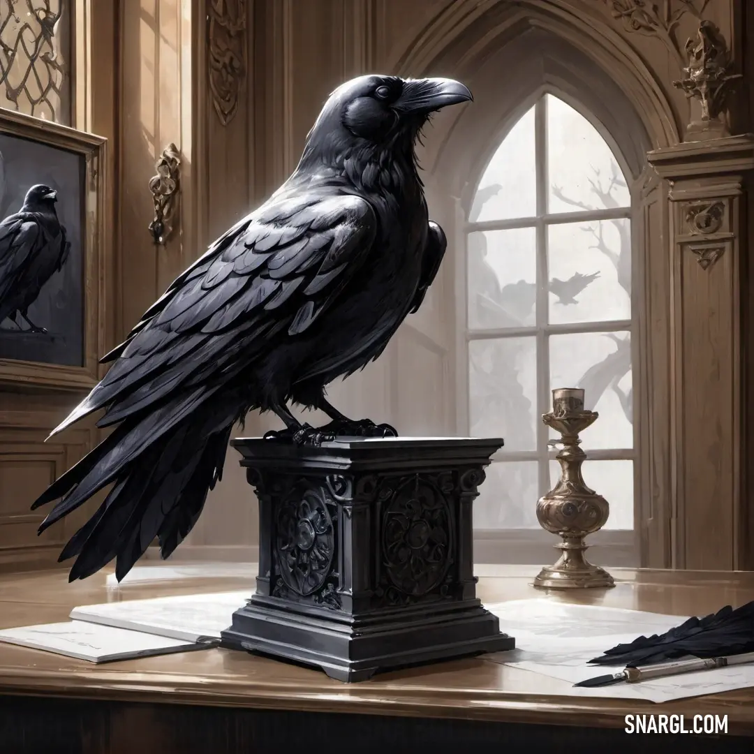 A black bird perches on a table next to a candle holder, the light from the window casting soft shadows. The calm atmosphere is complemented by the soft lavender hue of #E6E6FA that fills the space, adding a sense of serenity to the moment.