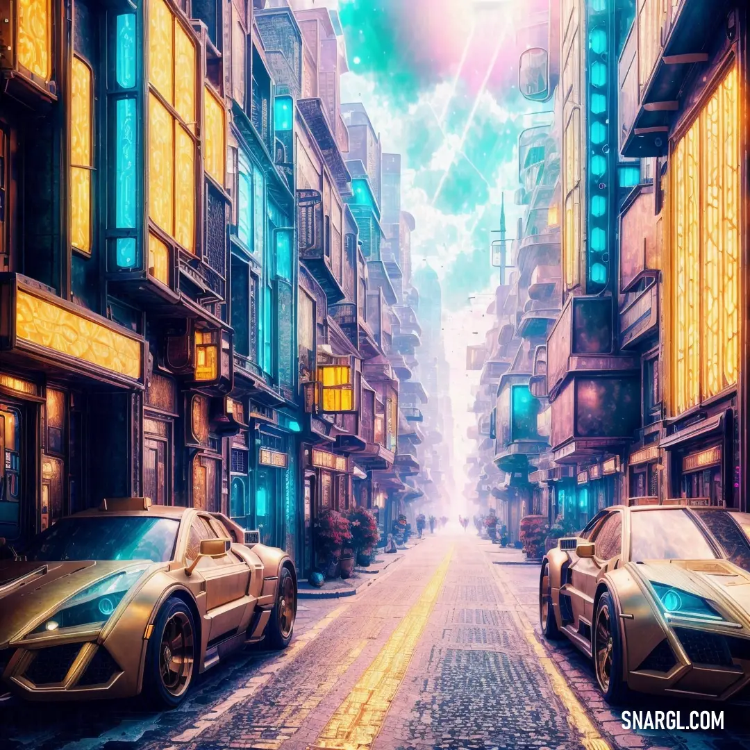 A futuristic city street, with two cars parked along the sidewalk, under a soft, glowing light. The scene is bathed in a gentle RGB 230,230,250 color, creating a calming and futuristic ambiance in the urban landscape.