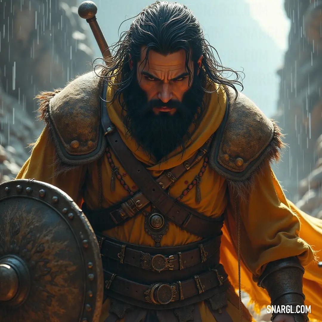 A rugged man with a beard stands resolutely in the rain, wielding a sword and shield, embodying strength and bravery. The muted background emphasizes his determined stance, making it a moment of heroic presence.