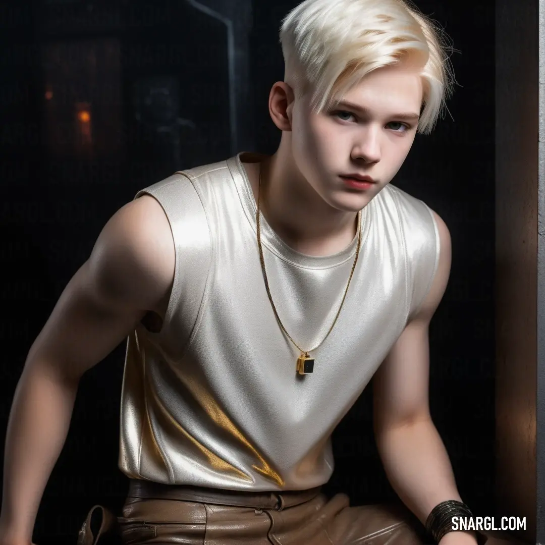 A stylish man with a short blonde haircut presents a unique look with his necklace, captured in an intimate room setting that exudes both sophistication and warmth.