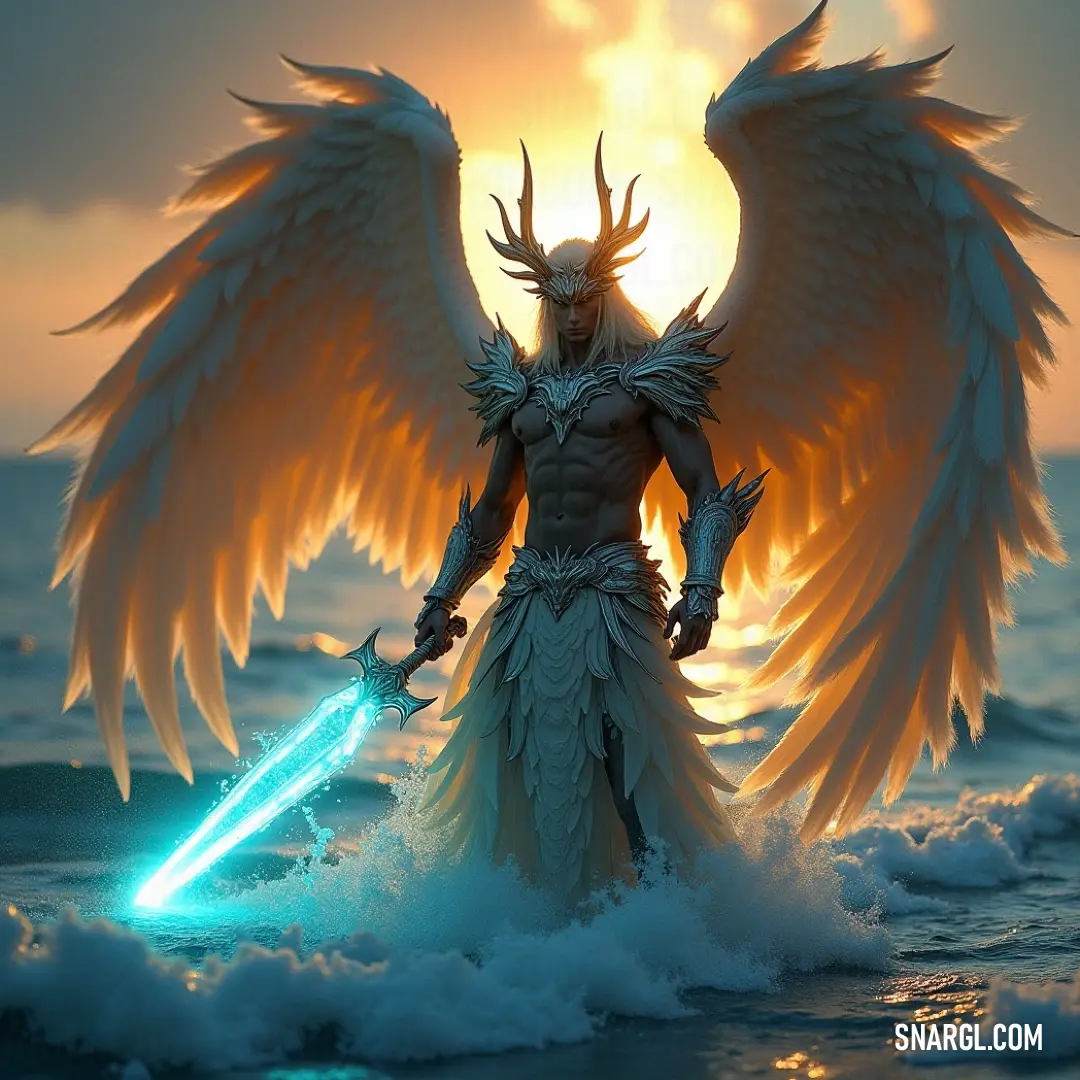 A heroic figure with outstretched wings stands waist-deep in water, sword raised high, as the golden sun casts a dramatic glow behind him, reflecting off the ripples. The scene captures a sense of triumph and mysticism.