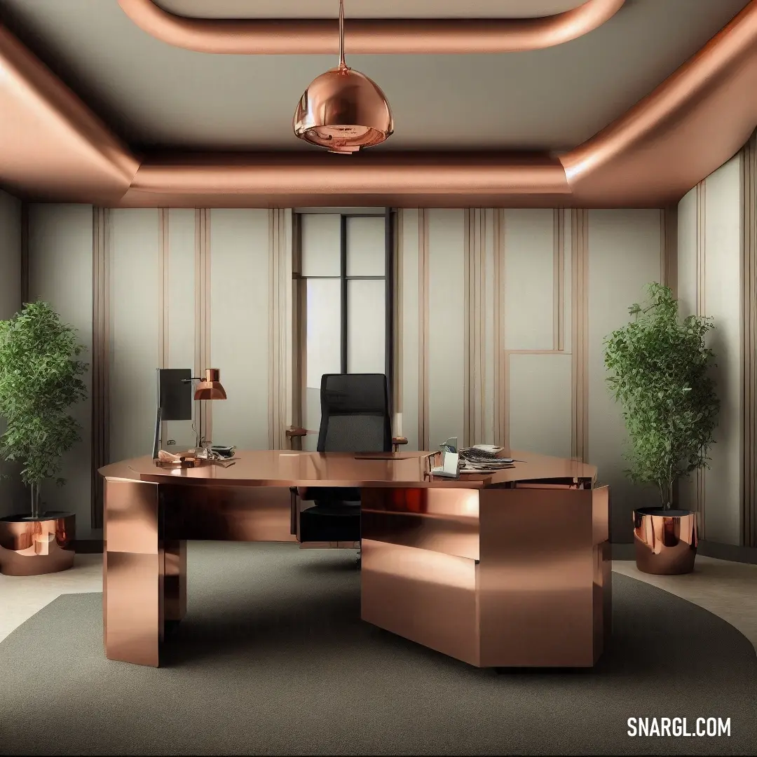 A modern office with a sleek desk and minimalist decor, featuring a vibrant plant in the corner. The soft lavender tones in the room create a peaceful and productive workspace.