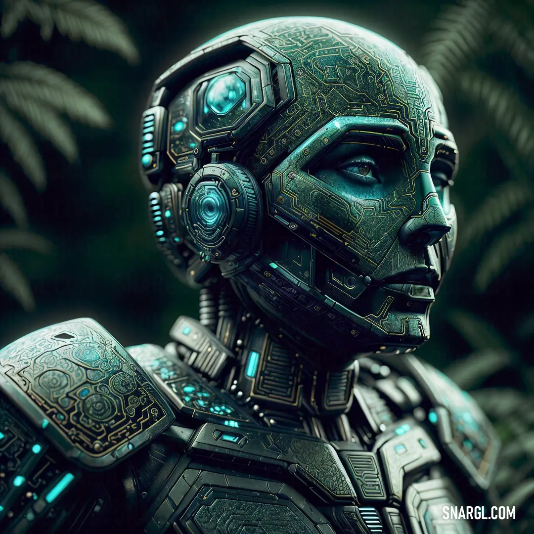 A robot with a striking green face and piercing blue eyes stands in front of a lush backdrop of plants and foliage. The contrast of its mechanical features against the natural elements highlights the juxtaposition of technology and nature in a futuristic 