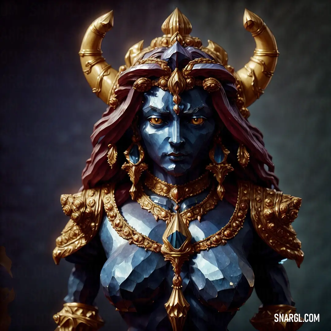 A statue of a regal woman with horns, her blue body adorned with intricate gold accents and crowned with a golden tiara. The sculpture emanates an air of power and grace, capturing the essence of strength and beauty in a single timeless figure.