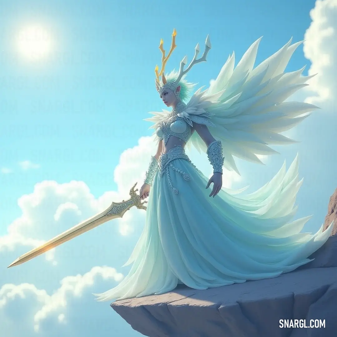 A woman in a flowing blue dress stands on a high cliff, holding a sword as a stormy sky and billowing clouds surround her. The soft, pale blue of her dress contrasts with the dark, swirling clouds, symbolizing her strength amidst the chaos.