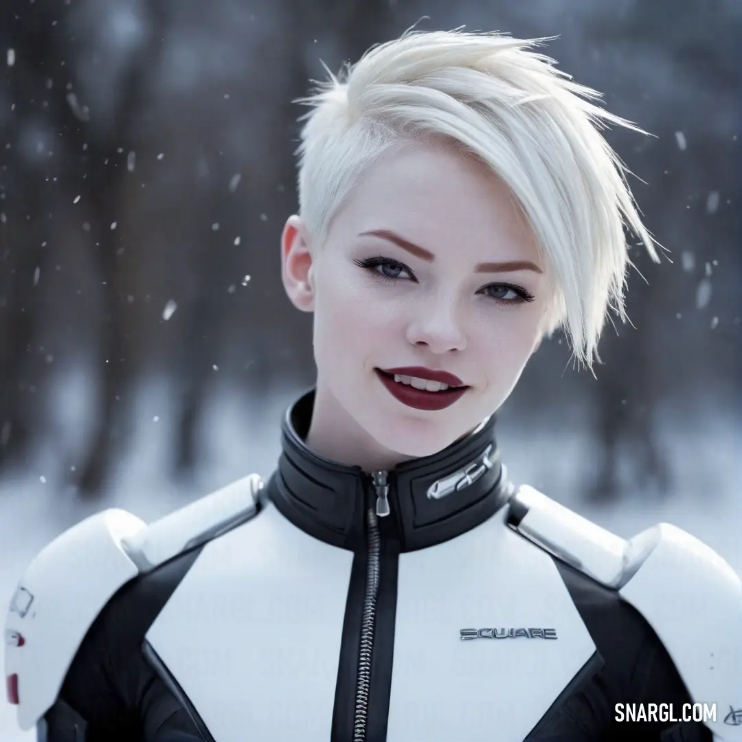 A fashionable woman with striking short white hair dons a trendy black and white jacket, standing out against a snowy landscape where her vivid red lips pop with color.