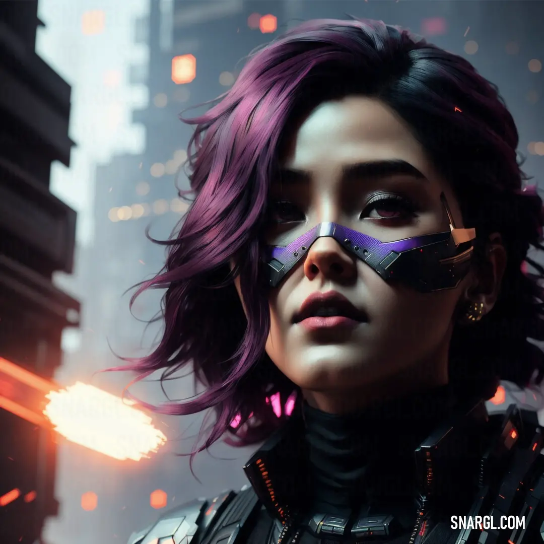 A confident woman with striking purple hair and futuristic glasses, standing in the heart of a vibrant city. Neon lights illuminate the bustling surroundings, reflecting off sleek buildings, creating a dynamic and modern atmosphere.