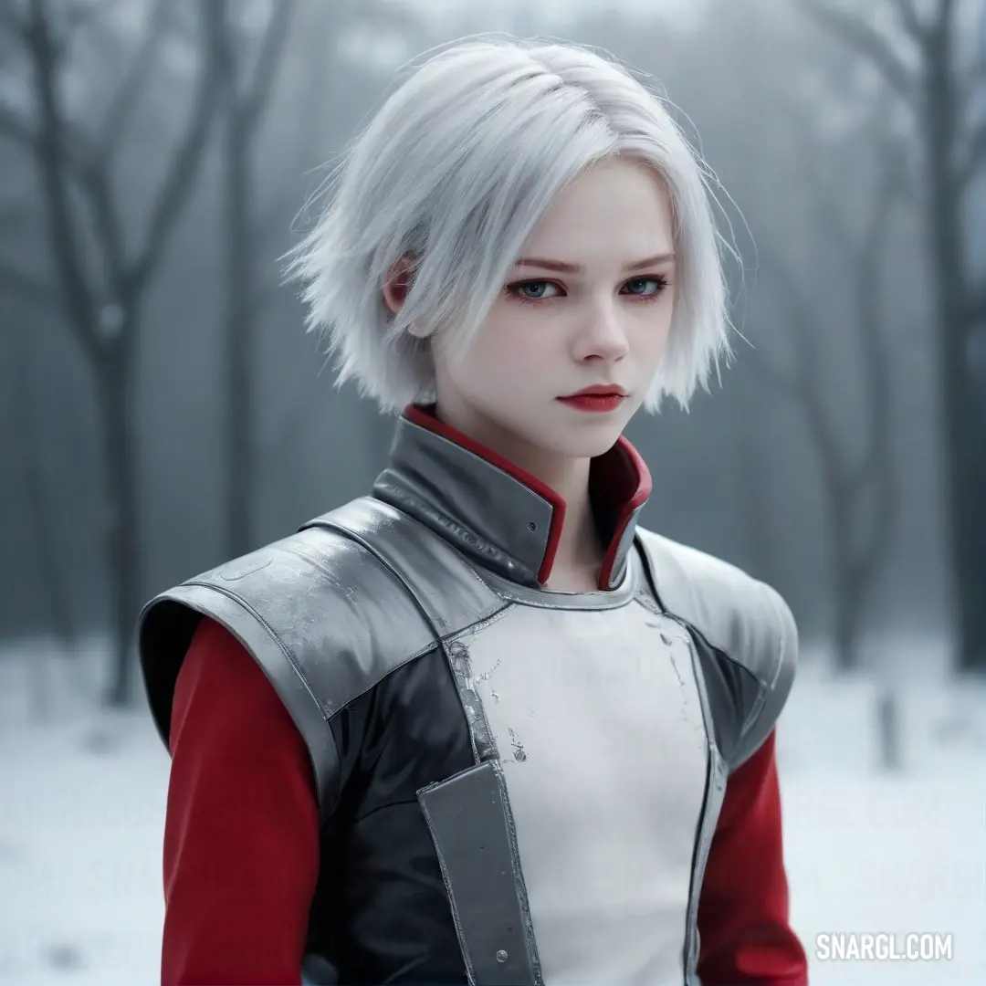 A striking woman with white hair sports a vibrant red and white jacket amid a picturesque snow-covered landscape, where her lively attire contrasts harmoniously with the serene surroundings.