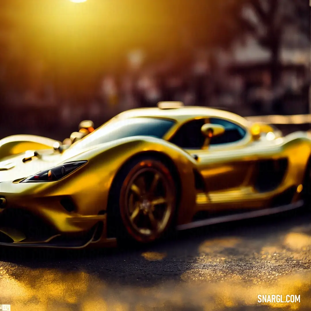 A vibrant yellow sports car parked on a city street at sunrise, casting long shadows on the pavement. The warm golden light contrasts with the car's sleek design, creating a stunning scene of urban tranquility in the early hours.