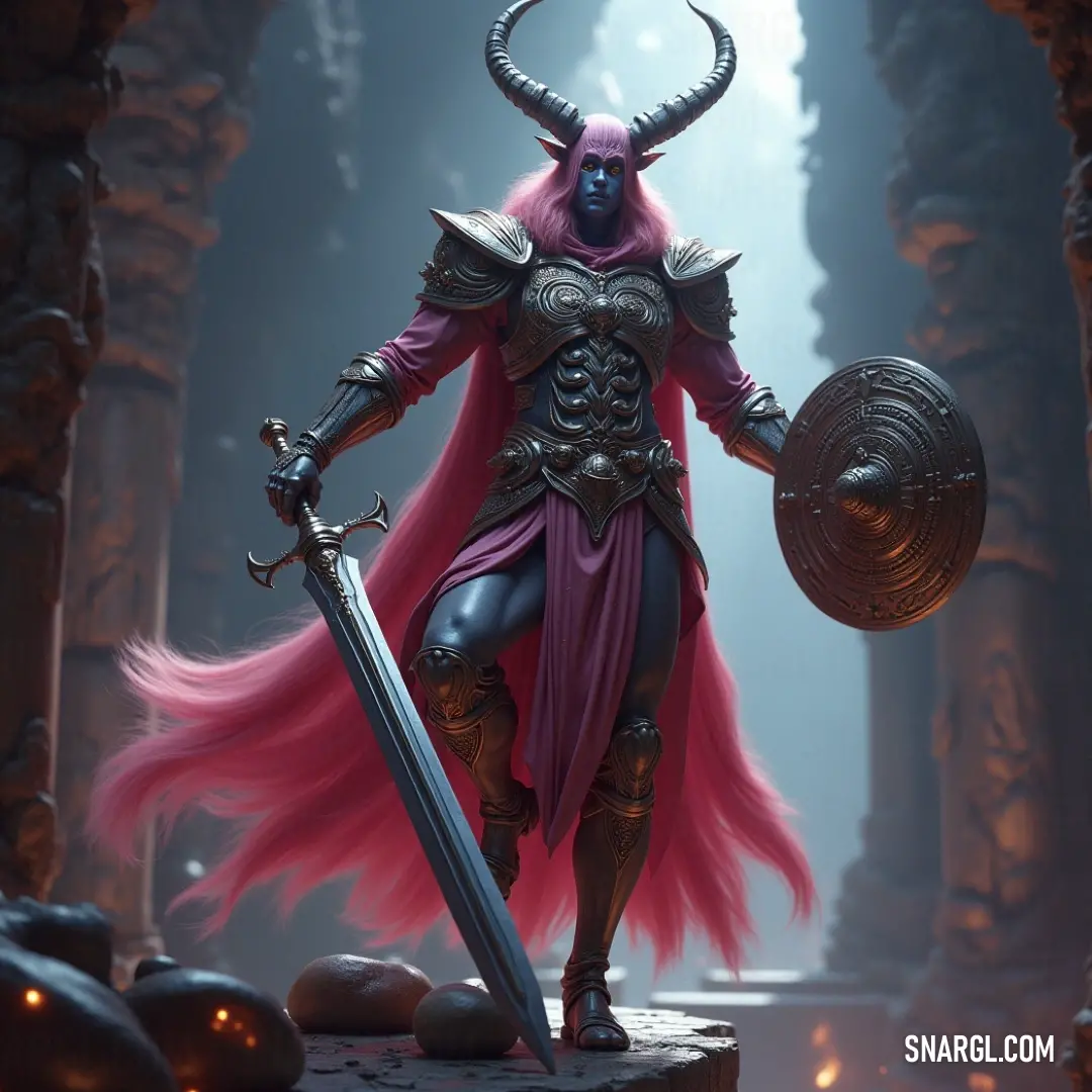 A brave figure, armored in lavender mist-colored gear, stands with a sword and shield in hand, ready for battle. A helmet covers his face, adding to the mystique as he stands tall in this fantasy landscape, prepared for whatever challenges lie ahead.