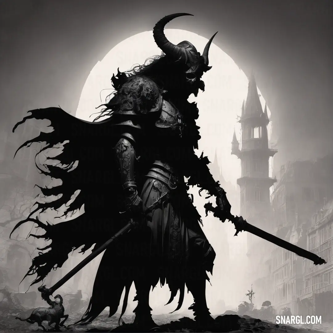 A black-and-white photograph of a man holding a sword, standing tall with a fierce expression. Behind him looms a demon with horns and wings, set against a soft background in the light lavender tone of #E6E6FA.