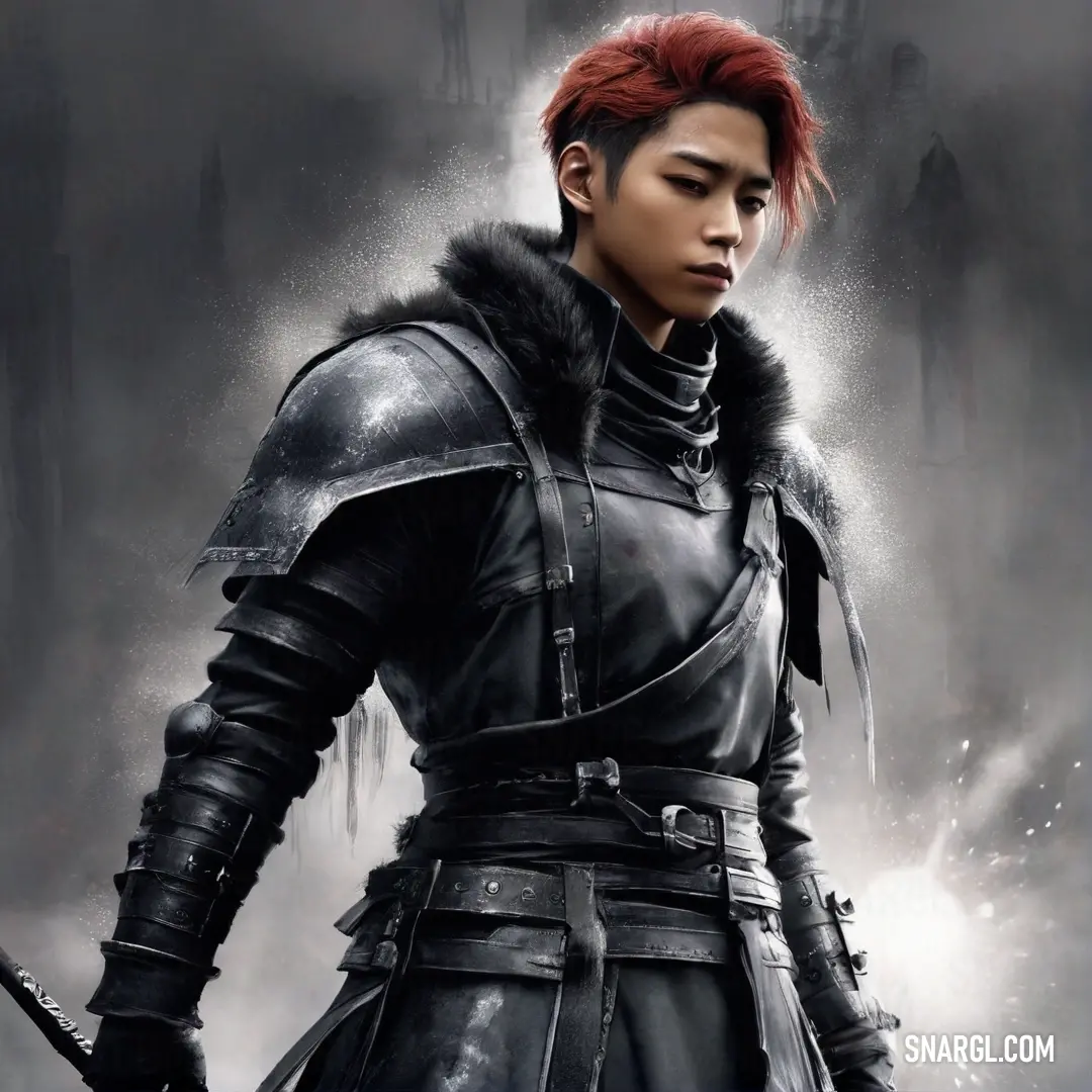 A striking figure dressed in a sleek black outfit exudes confidence while holding a gleaming sword. The dramatic black coat flows over his shoulders, contrasting beautifully with the soft lavender mist that envelops him, creating an air of mystery and bra