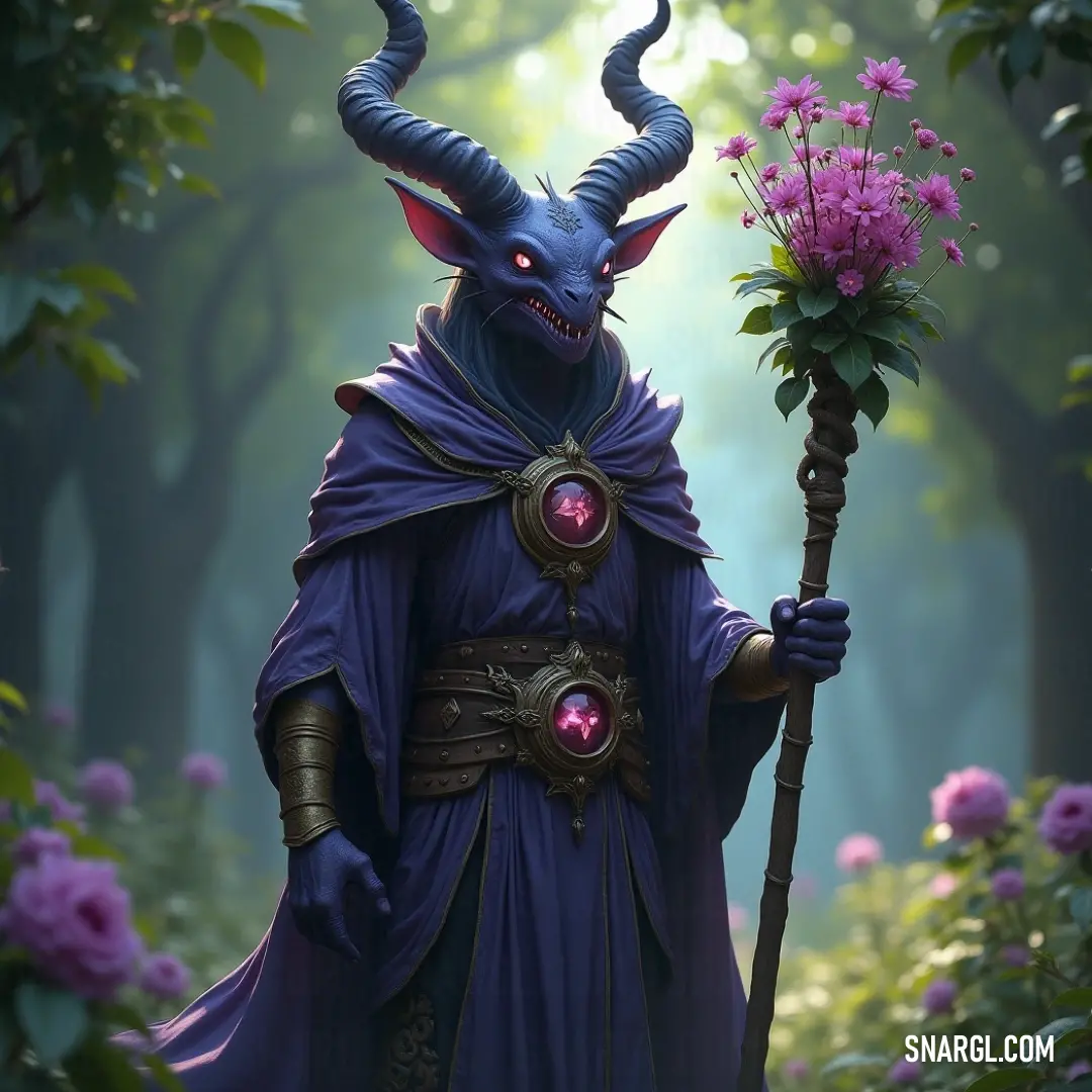 A man in a horned costume, holding a staff and a flower, stands in a mystical forest. The soft pink flowers at his feet contrast with the deep forest colors, and his ethereal presence seems to connect the natural world with a deeper, magical realm.