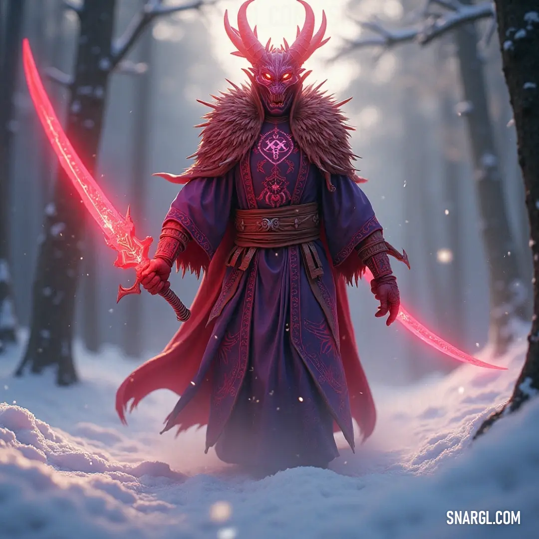 A man dressed in a vibrant purple outfit holds a red sword as he navigates a snowy forest. Tall, dark trees stretch around him, their branches dusted with snow. The soft lavender mist adds a sense of mysticism to the otherwise wintry landscape.