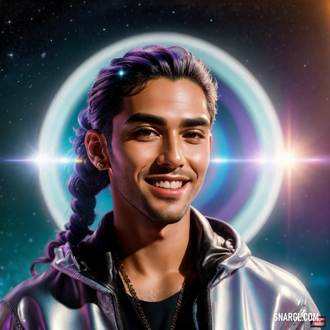 Man with a braid in his hair smiling at the camera with a star in the background and a ring around his neck