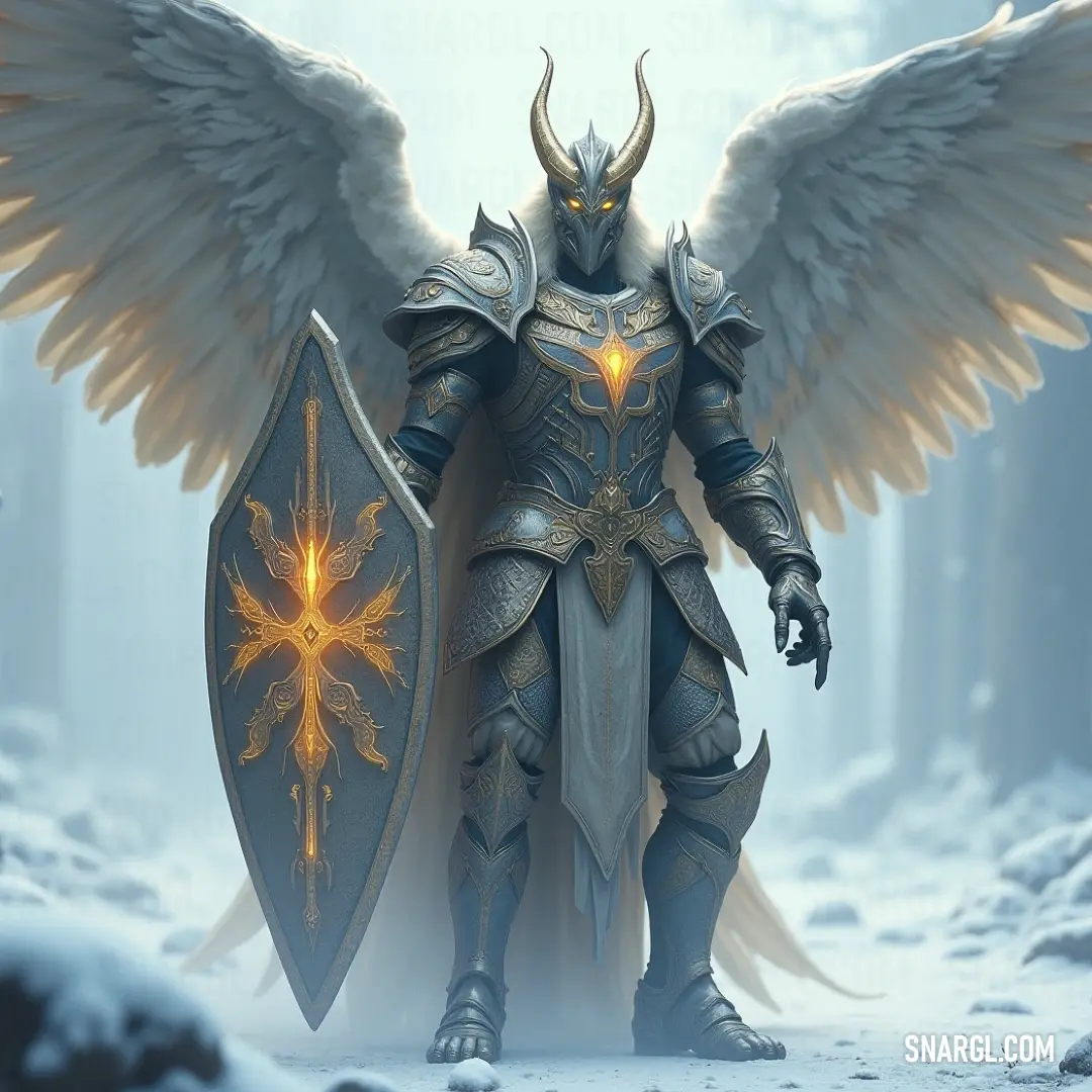 A winged warrior stands in snow, gripping a shield adorned with a demon's face. A soft, radiant halo glows from his chest, illuminating the cold, wintry scene with an ethereal light.