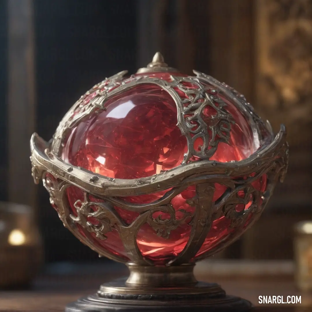 A red glass ball, intricately designed with ornate patterns, sits on a stand atop a table. The soft glow of candles in the background adds warmth to the scene, as the ball’s deep red hue contrasts beautifully with the surrounding items and ambient 