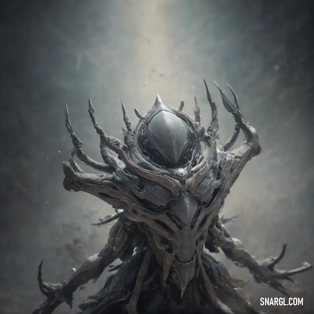 A strange creature with a helmet covering its head stands with an array of branches extending from its back. Its posture is poised, as if it is waiting or observing, while its form suggests an intricate balance between the mechanical and the natural world