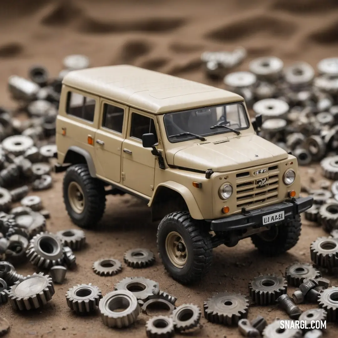 A playful lavender mist toy truck is strategically perched atop an intriguing assortment of mechanical gears, set against a warm brown backdrop that enhances its vibrant color.