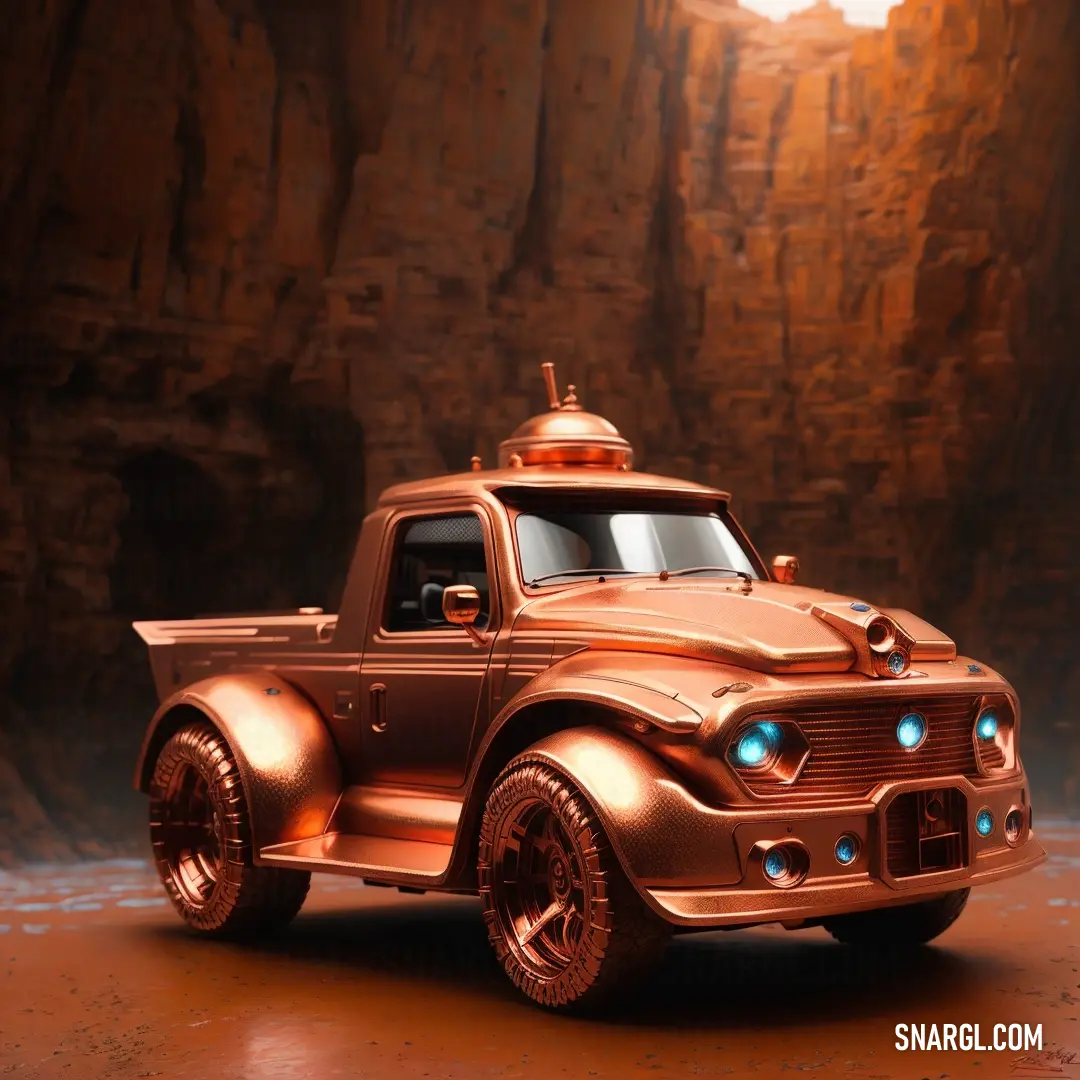 A toy truck with a bright light on top sits in a room with rugged rock walls. The gentle lighting highlights the toy’s details, and the natural colors around it add to the playful yet grounded atmosphere.