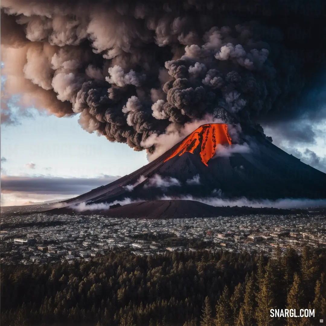 A dramatic volcano erupts, spewing smoke and steam into the evening sky. Below, a city watches in awe as the eruption casts an orange glow across the landscape, framed by soft lavender tones.