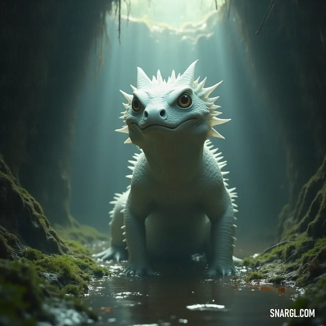 A majestic white and black dragon rests within a cave, the surrounding moss and clear water framing its regal presence, showcasing the subtle shades of Lavender mist color.