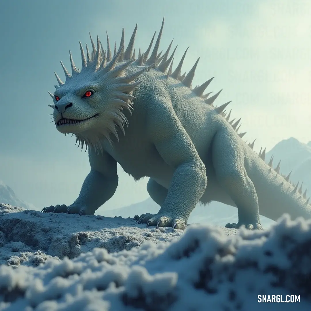 A fierce white monster, adorned with spikes on its head and sharp claws, traverses a snowy terrain, with majestic mountains looming in the background, evoking a sense of adventure and mystery.