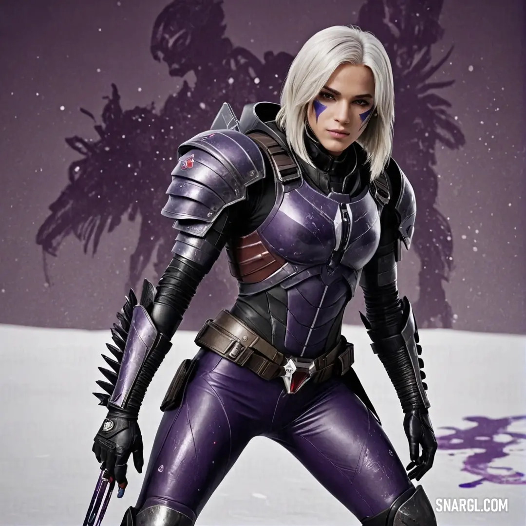 A woman in a futuristic suit wields a sword, her powerful stance against a dynamic background showcasing innovative design elements that reflect modernity and strength.