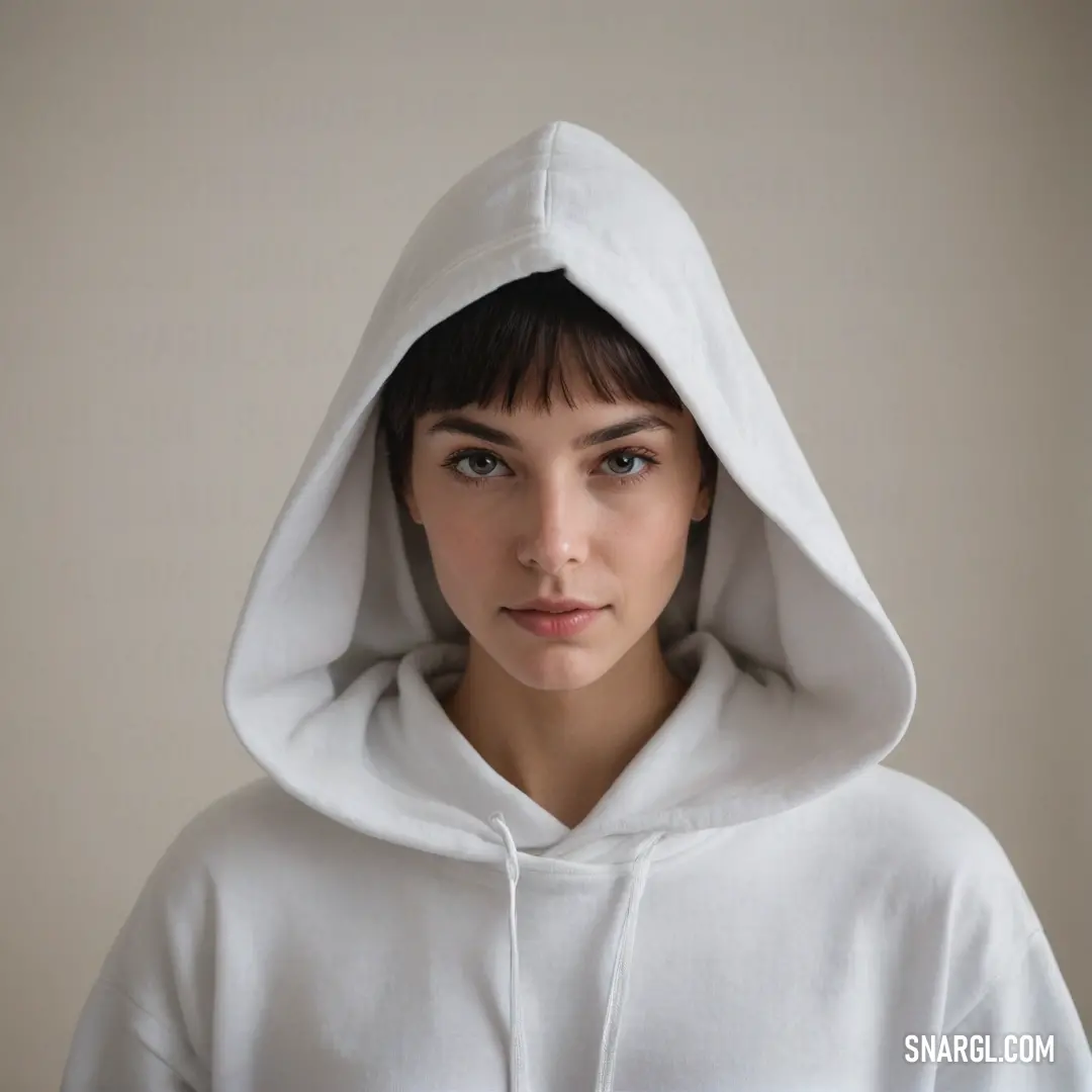 A woman in a white hoodie stares thoughtfully at the camera, her serious expression engaging viewers. The soft pastel background complements her features, creating an atmosphere of calm introspection and allure.