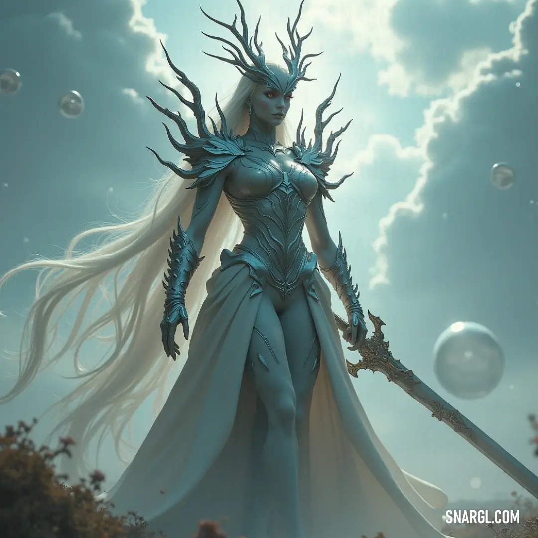 A woman dressed in an elegant gown and adorned with horns stands confidently, gripping a sword. Her otherworldly appearance is completed by the soft, light lavender mist that surrounds her, blending with the mystical aura she exudes.