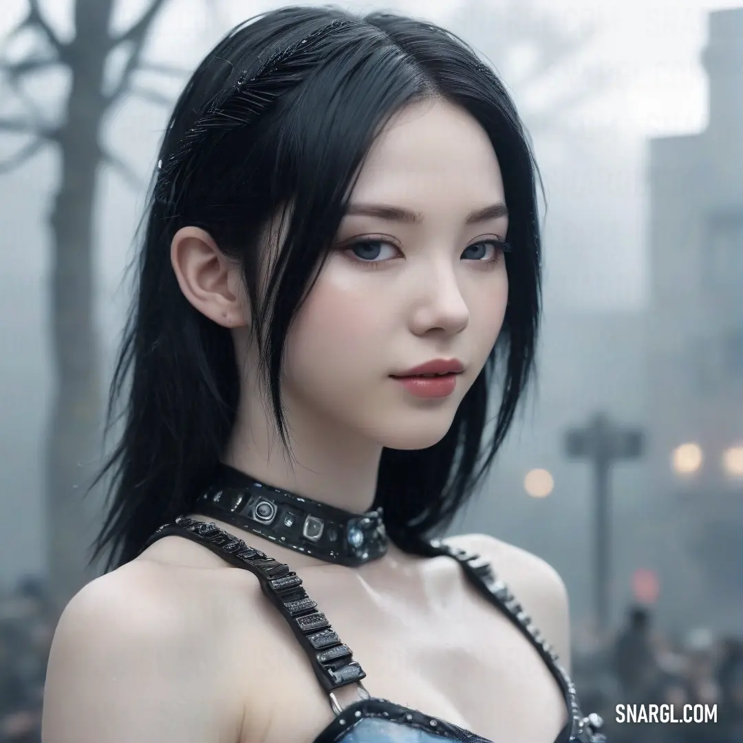 In a bustling crowd, a woman with striking black hair and a choker stands out, framed by a tapestry of people around her. The subtle tones of Lavender mist envelop her, creating a captivating image that conveys a sense of community and individuality.