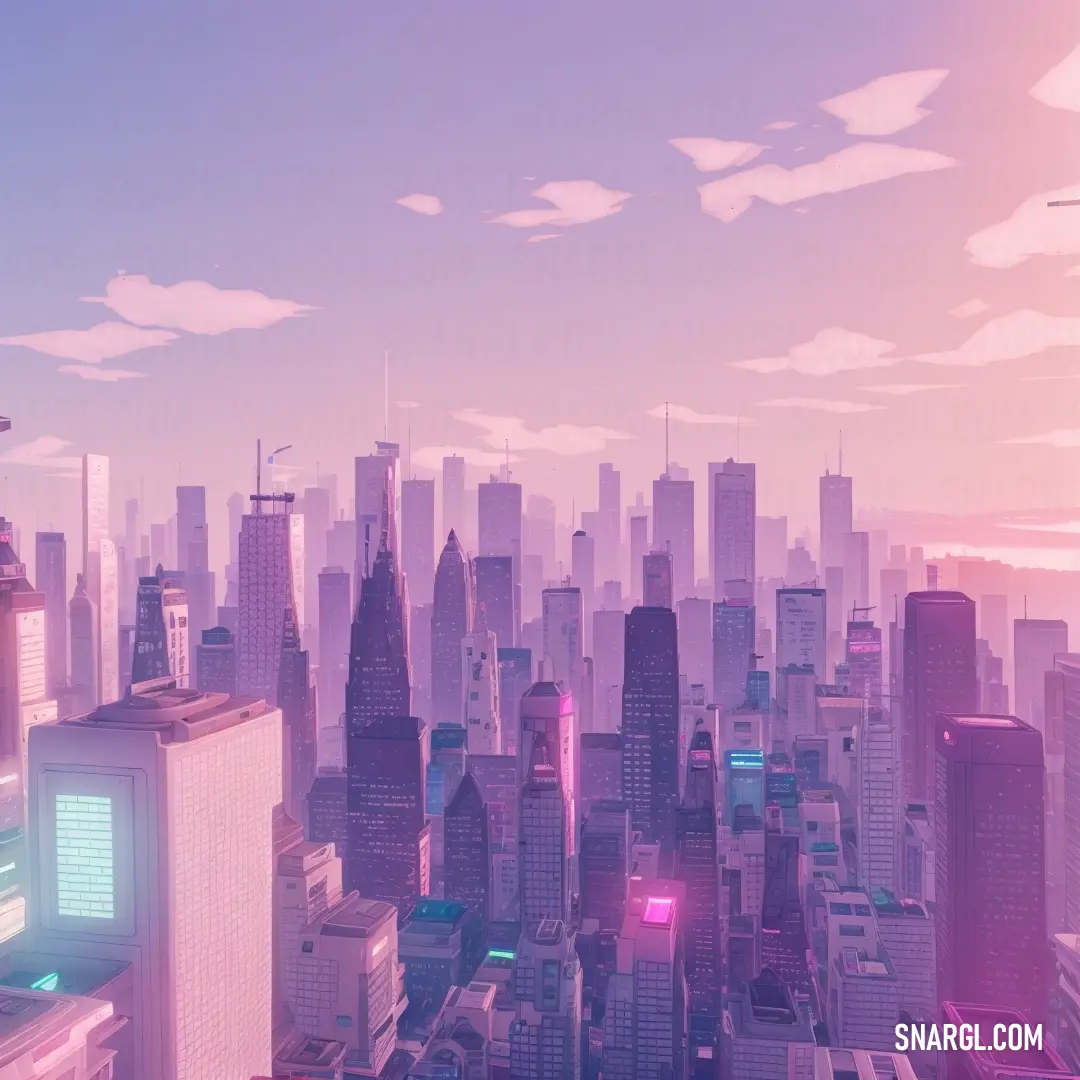 City with tall buildings and a lot of tall buildings in the distance with a pink sky in the background