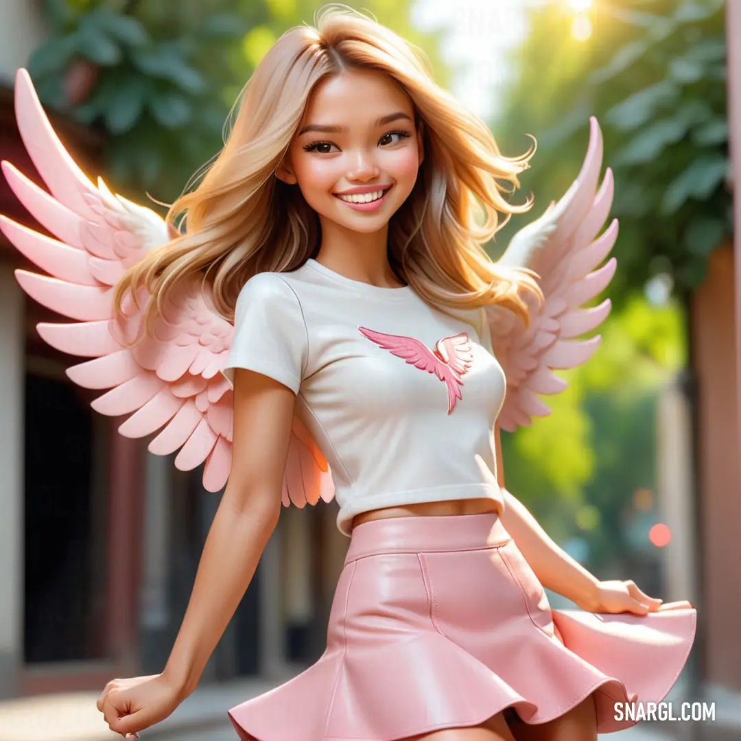 Girl with a pink skirt and angel wings on her body is posing for a picture in a pink outfit. Example of #FBAED2 color.