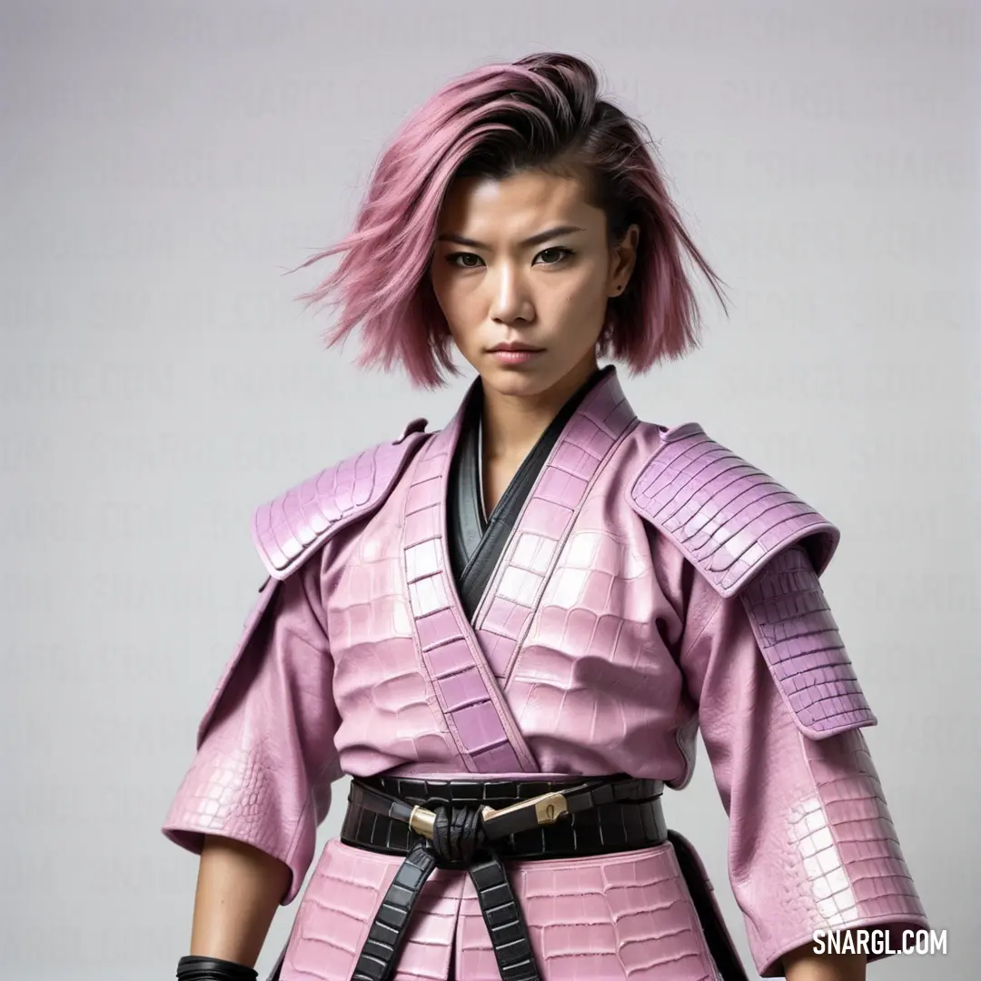 Woman with pink hair and a pink outfit with black straps and a black belt. Color CMYK 0,31,16,2.