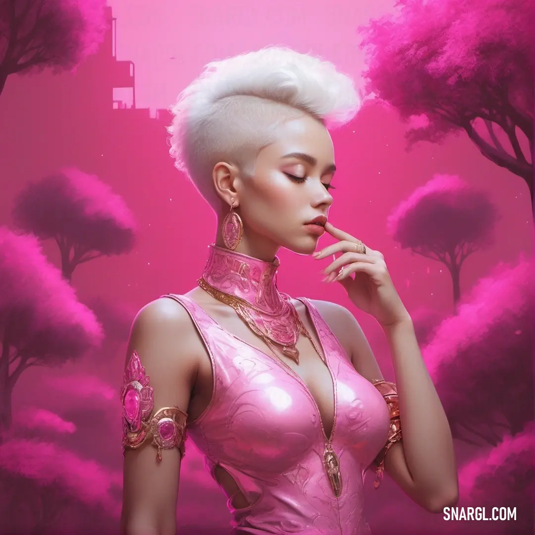 Woman with white hair and pink makeup wearing a pink dress and necklace with trees in the background. Example of CMYK 0,31,16,2 color.