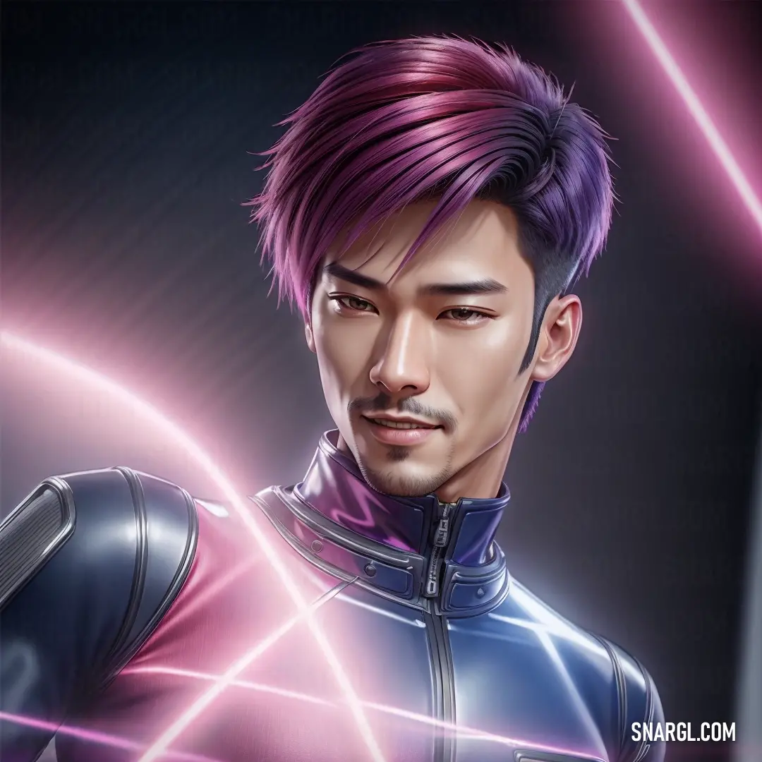 Man with a futuristic suit and purple hair in a neon light background